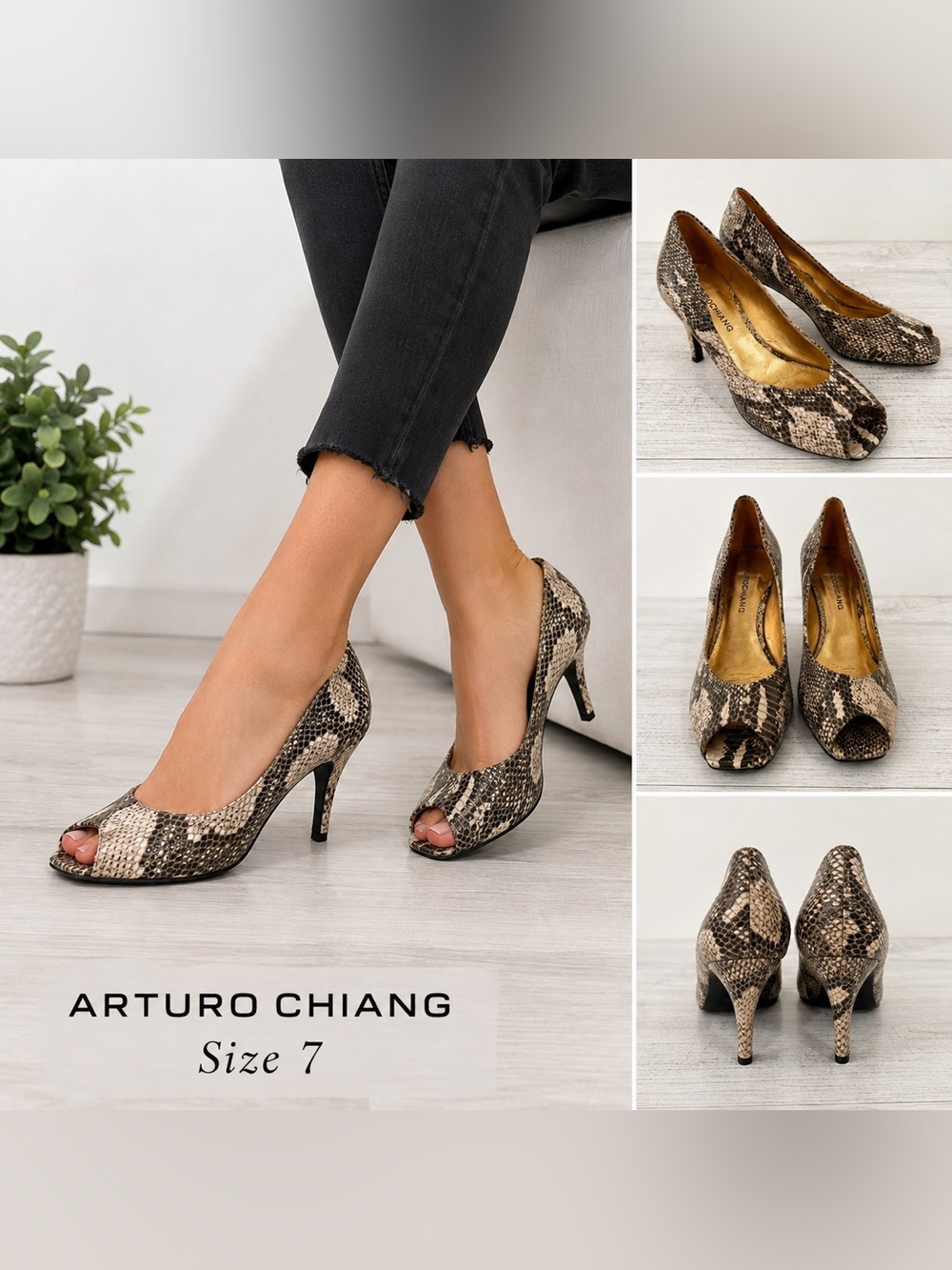 ARTURO CHIANG Women's Snakeskin Peep Toe Heels/size 7 fashion chic quiet luxury